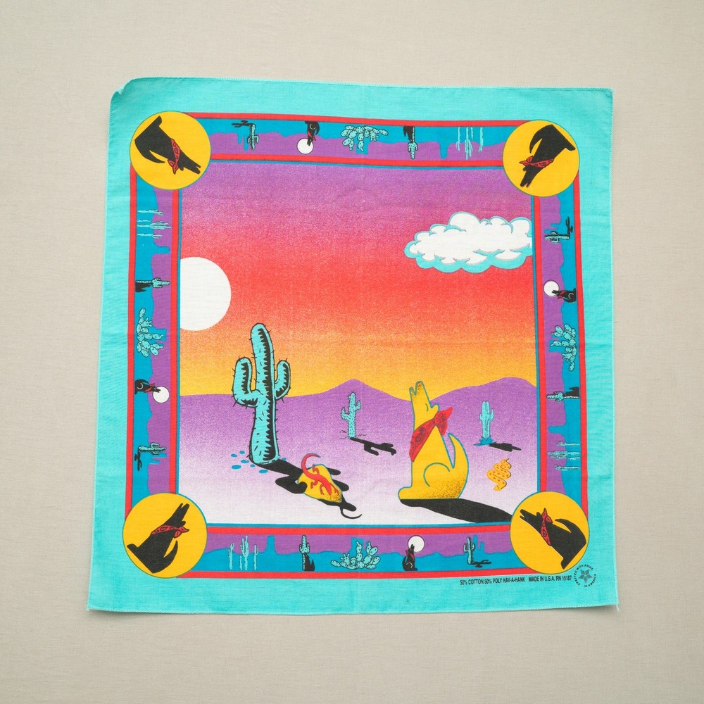 Vintage Hav-a-Hank 21 Inch Square Turquoise Wolf Moon Desert Handkerchief USA